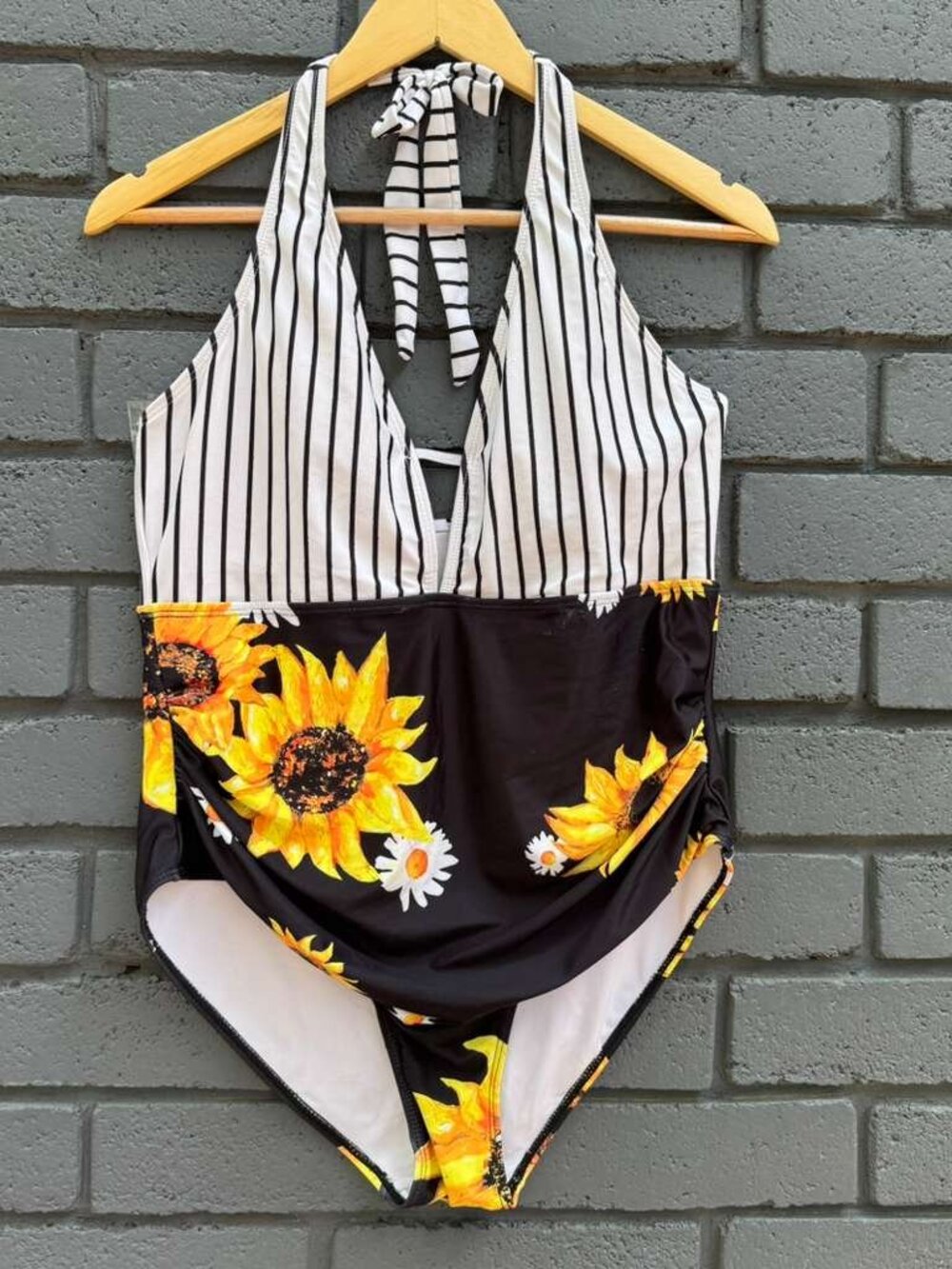Black White Striped Sunflower Plunge one piece Swimsuit Ruched Draped Halter 1XL